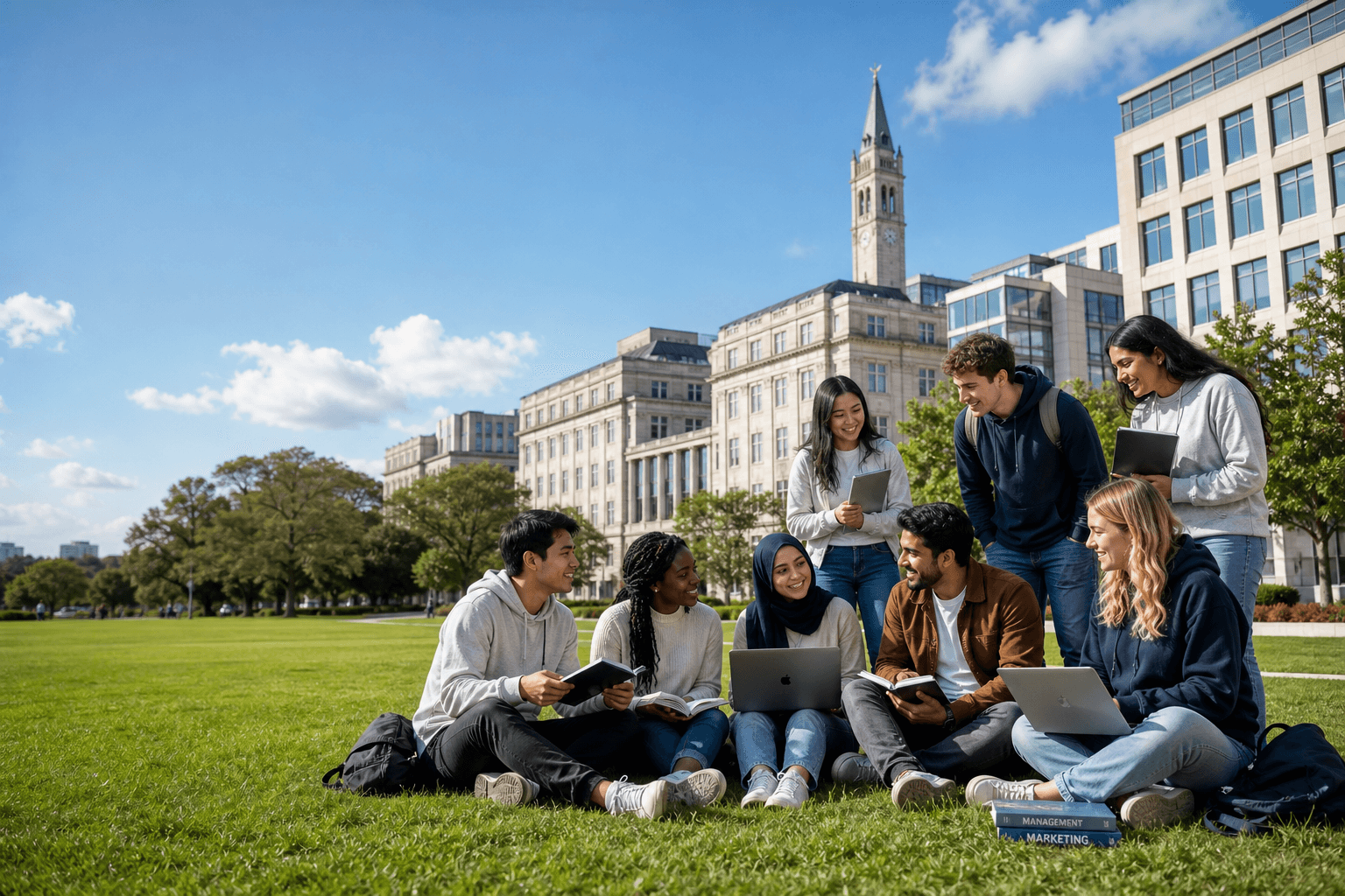 Diverse international students studying together on a sunny modern university campus